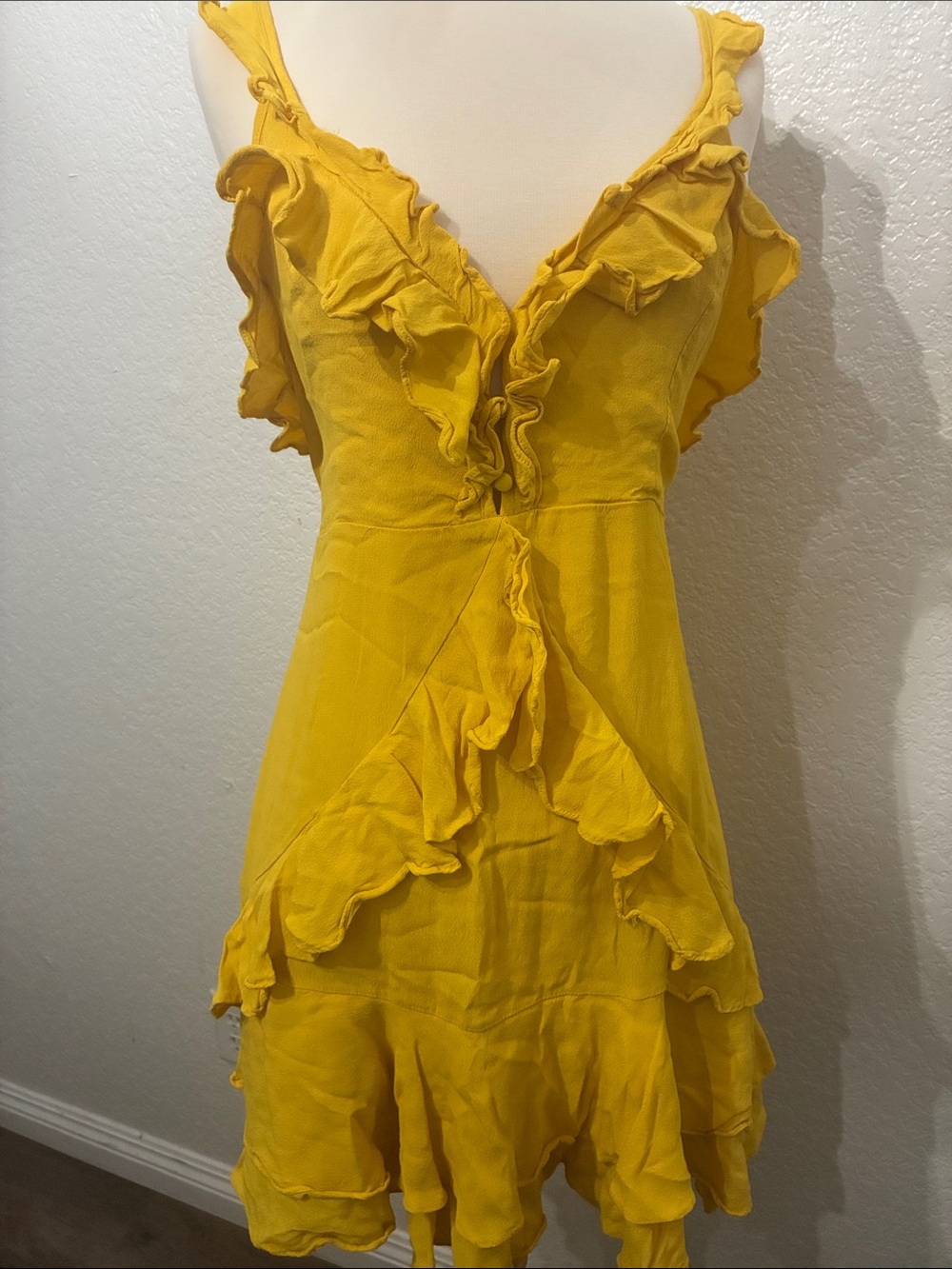 Lulu's Mustard Yellow Ruffle V-Neck Mini Dress
